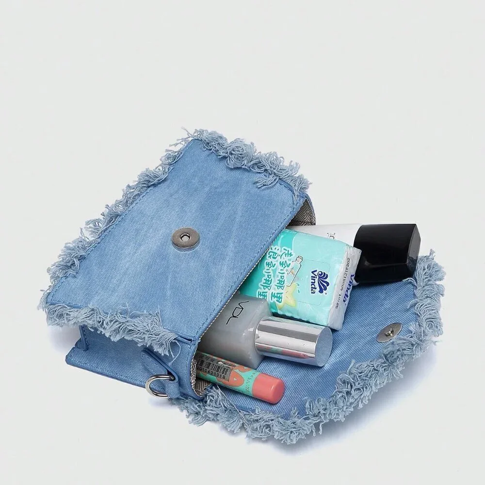 Blue Fashionable Women's Fringed Small Square Chain Crossbody Shoulder Bag